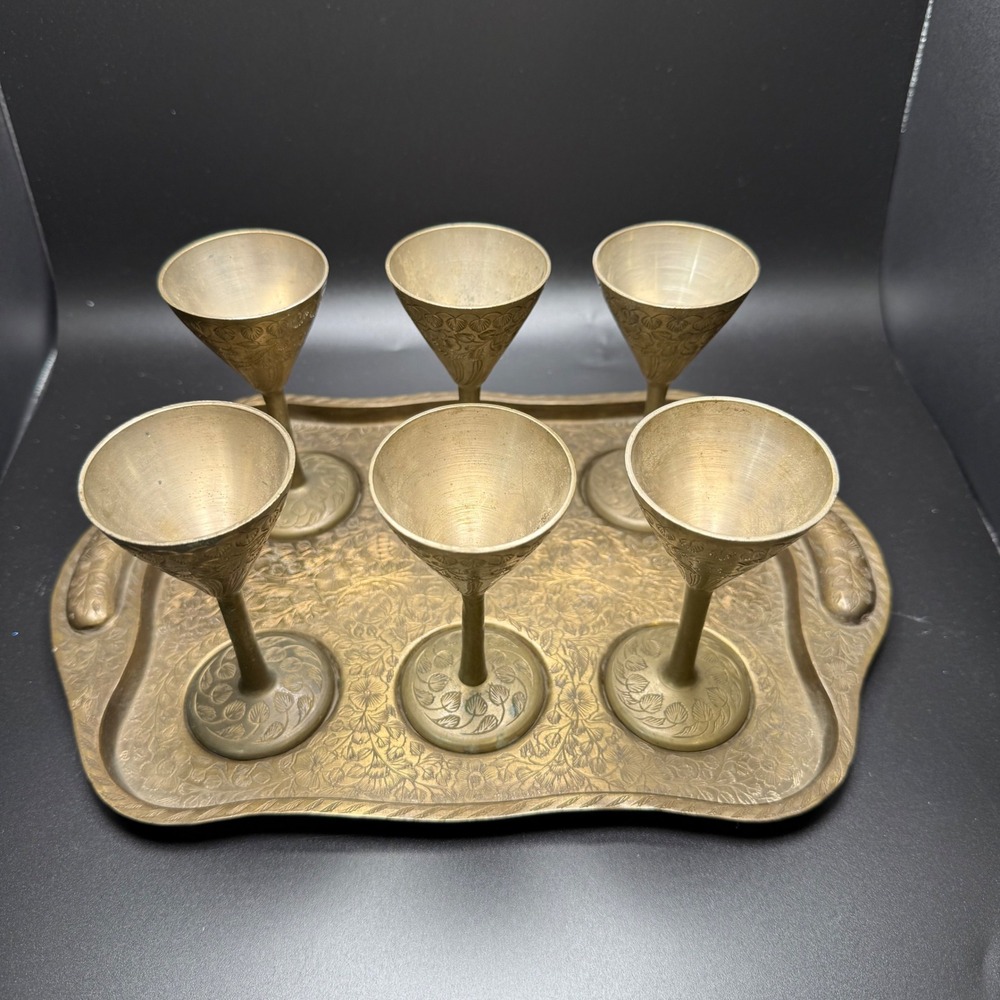 Vintage Brass Shot Glasses‎ Set with Etched Tray Made in India